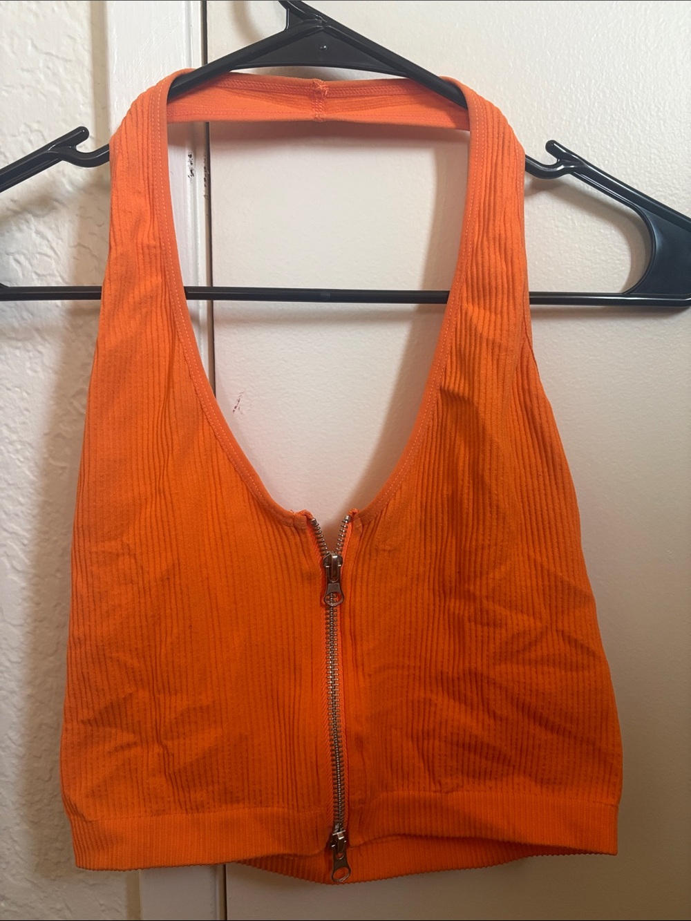 ANWND Neon Orange Ribbed Halter Crop Top with Front Zipper